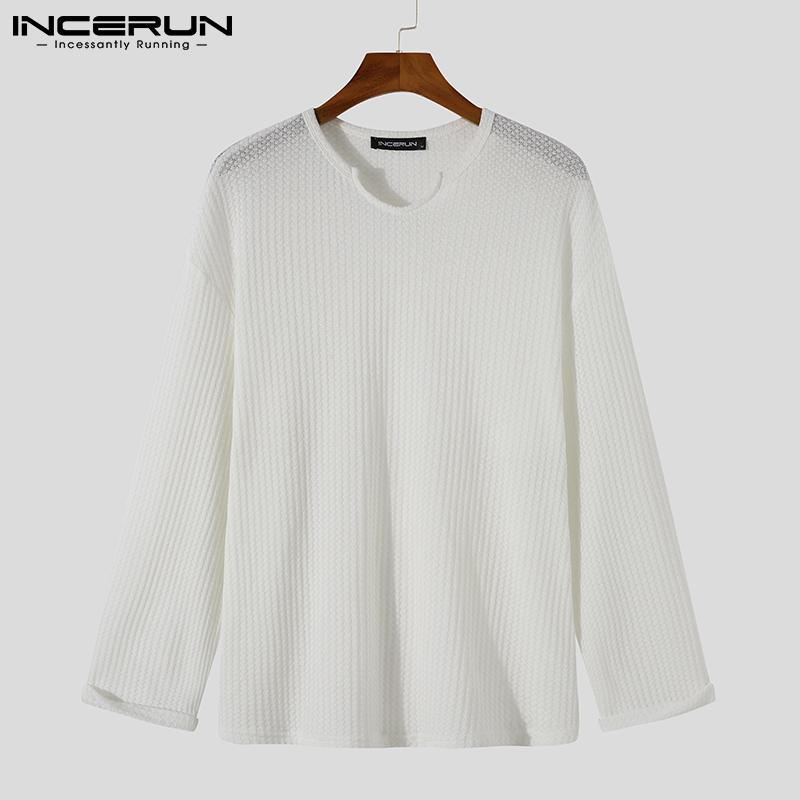 INCERUN Spring Mens Long Sleeve V Neck Solid Color Loose Spring Autumn Tops