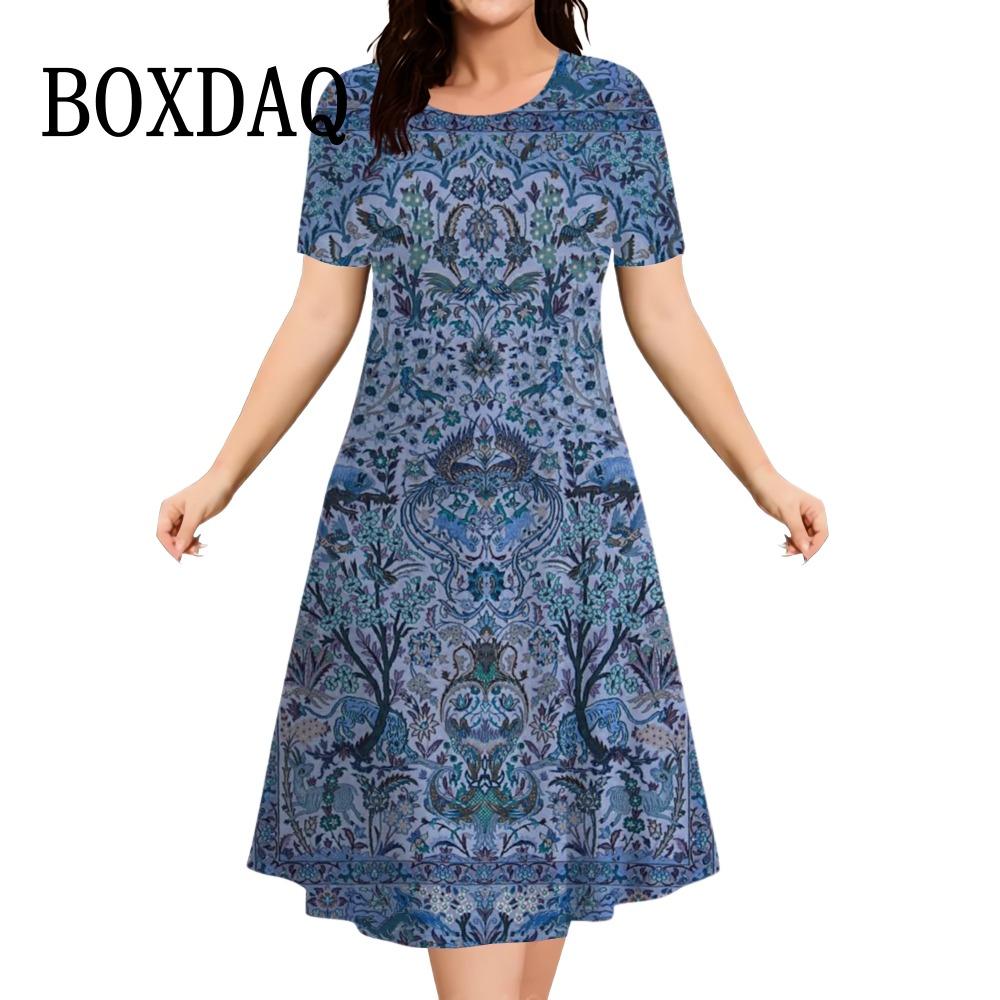 Платья для женщин Лето Этнический стиль Короткий рукав О-образный вырез Женское платье Модное платье с принтом Повседневная ретро свободная одежда больших размеров