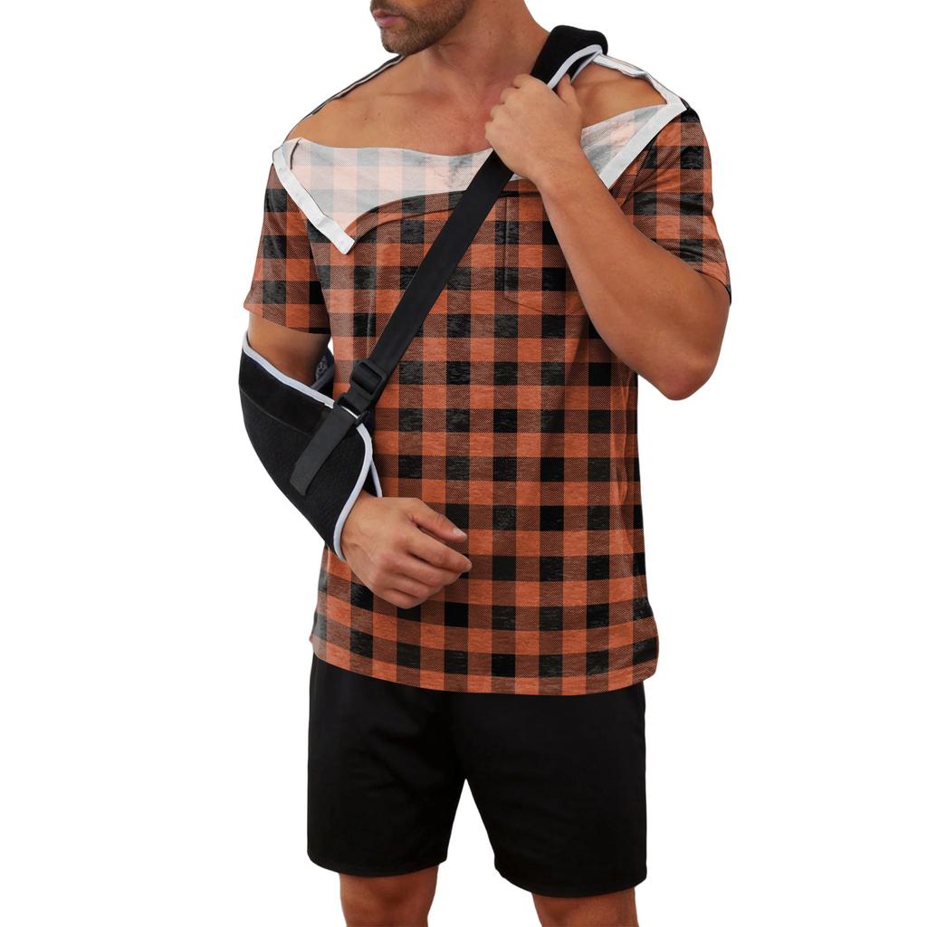 Men Recovery Shirt Full Front Opening Short Sleeve with Side Closures Plaid Print Adaptive Top for Use