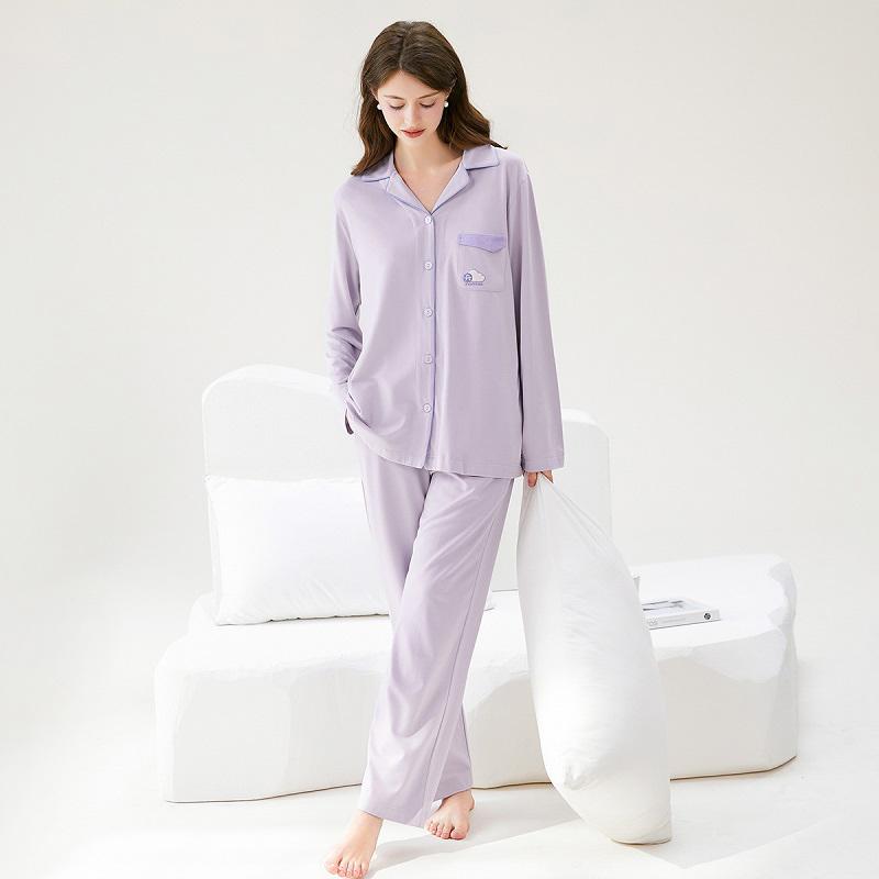 Fenteng [Five Good 40 Cotton Mo] Men's and Women's Polo Cardigan Simple Long Sleeve Pajamas Home Clothes Couple Set