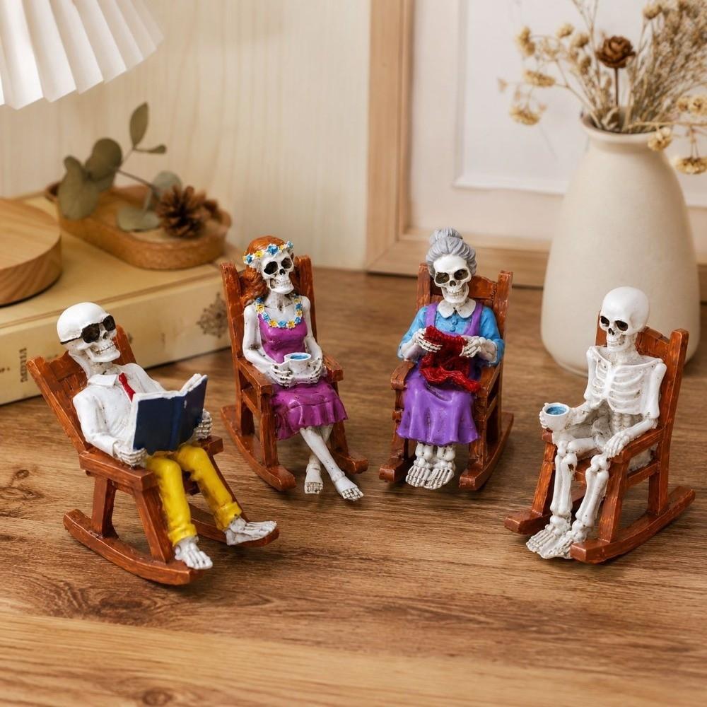 Hand Painted Skeleton Figurine 3D Design Lightweight Skull Rocking Chair Eco-Friendly Vibrant Colors Halloween Desk Decor