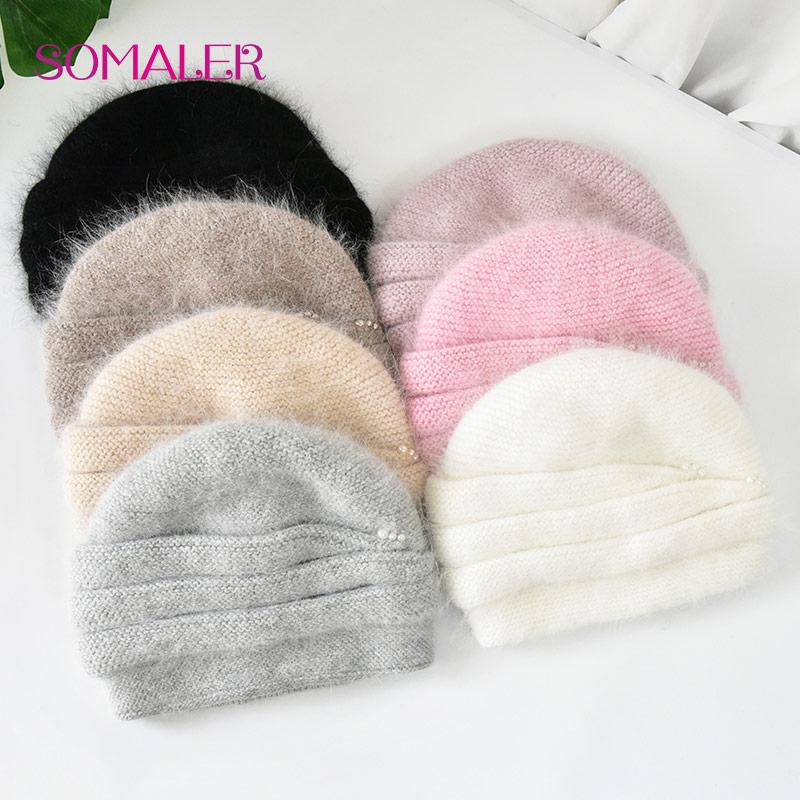 SOMALER Зимняя вязаная шапка из ангорской шерсти для пожилых женщин. Женские элегантные вязаные шапки. Толстые теплые шапки из кашемировой шерсти с искусственным жемчугом.