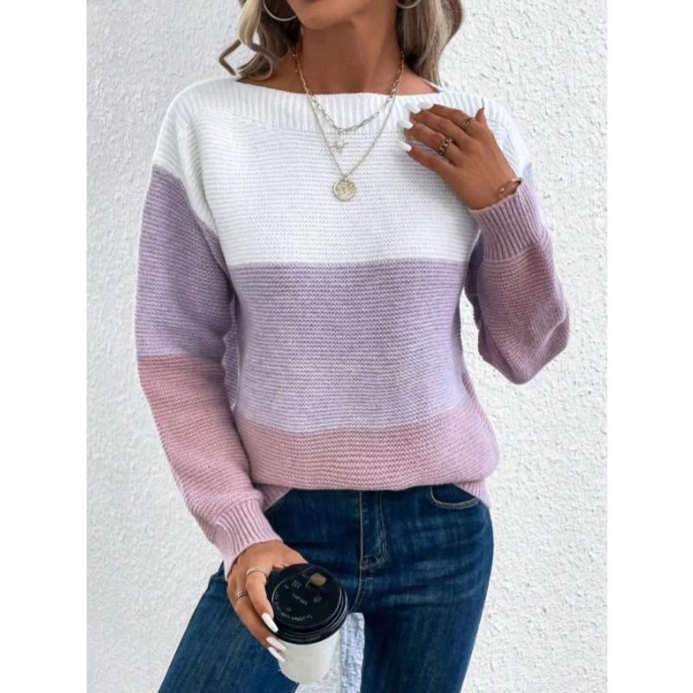 Elegant Three-color Patchwork Sweater Women Daily Commuter Casual Loose Jumpers Female Autumn Winter Knitted Thickened Warm Tops