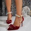 Women's Elegant Wine Red High Heel Pumps Bowtie Crystal Pointed Toe Party Pumps Plus Size Pearl Ankle Buckle Thin Heels Pumps