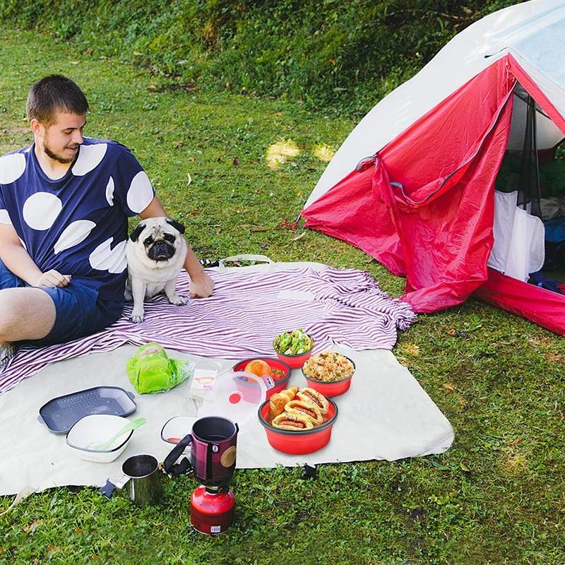 Складная миска для хранения походных принадлежностей, кухонный круглый силиконовый контейнер для хранения продуктов с крышкой, предметы первой необходимости для путешествий и кемпинга