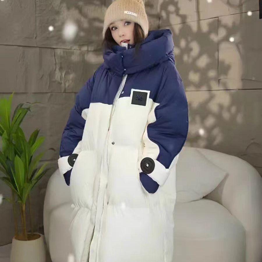Over The Knee Puffer Jacket Patchwork Parkas Hooded Cotton-padded Jacket Winter Women Clothing Warm Thickened Windproof Coats