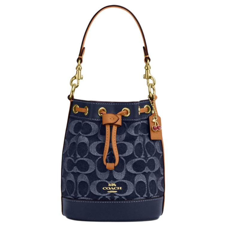 New COACH Signature Fabric With Cow Leather Bucket Bag, Shoulder Bag, Crossbody Bag, Handbag Mini Women's Denim Blue CY740-IMXIA