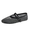 Luxury Crystal Rhinestone Fishnet Ballet Flats Woman Brand Design Rivet Studs Mesh Mary Jane Shoes Ladies Summer Cut Out Loafers