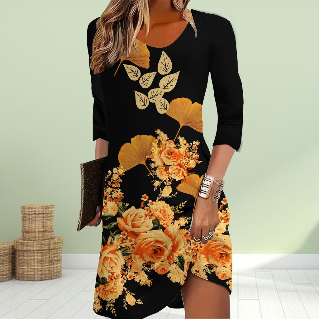 Женское повседневное платье Осенние платья с принтом веерной розы для женщин Платье с коротким рукавом и круглым вырезом Плюс Размер