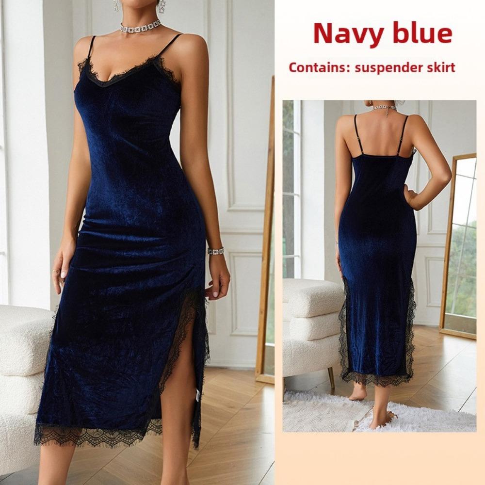 Sexy Deep V Pajamas Women's Long Suspender Nightgown Velvet Lace Seduction Backless Loungewear