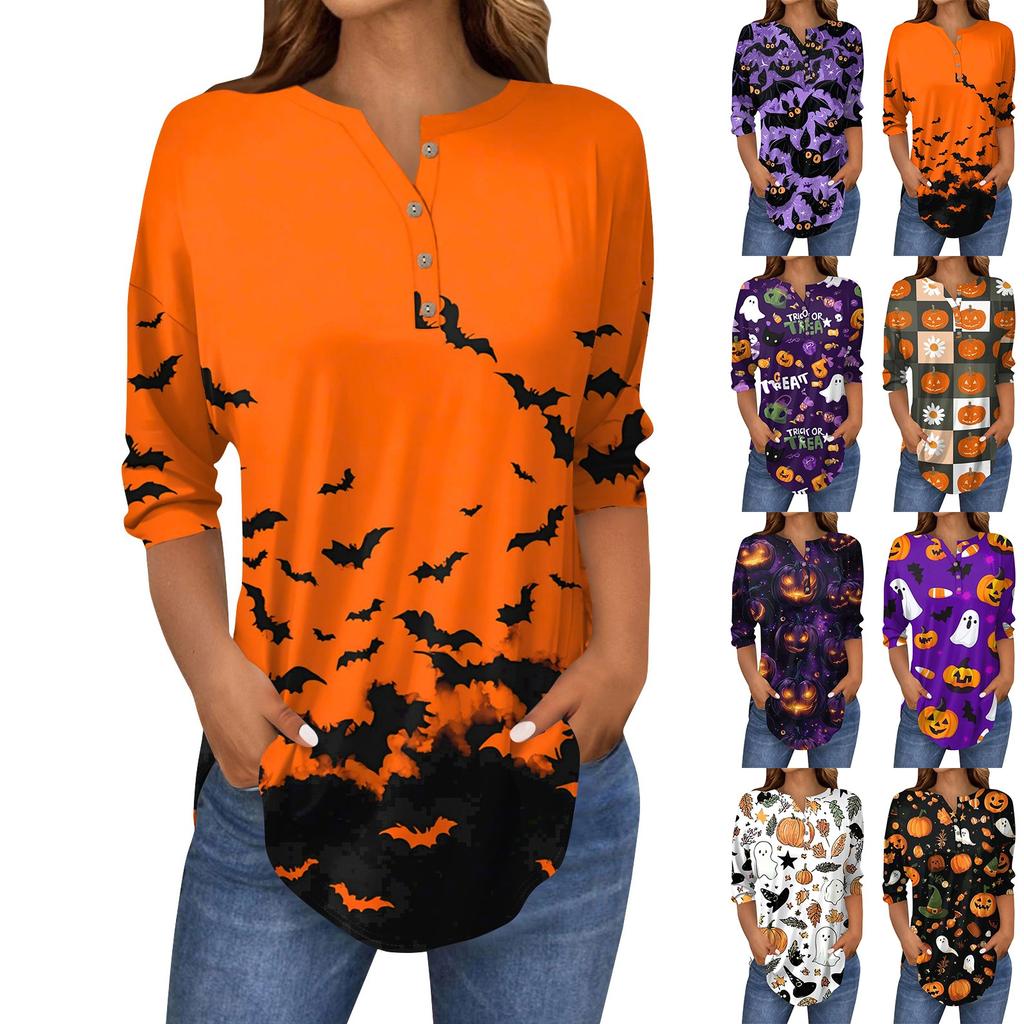 Женская модная свободная футболка с пуговицами на воротнике, с принтом на Хэллоуин, с длинным рукавом, топ, пуловер