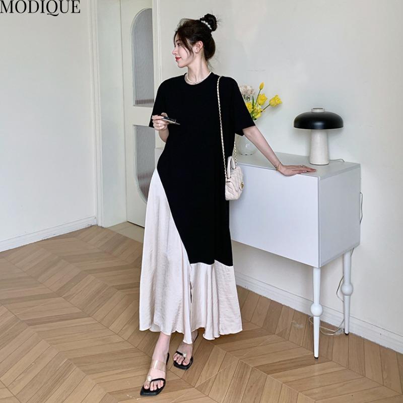 MODIQUE Летние платья больших размеров для женщин, свободные, элегантные, в тон, шелковые, пэчворк, длинные платья, женские, повседневные, с коротким рукавом и круглым вырезом