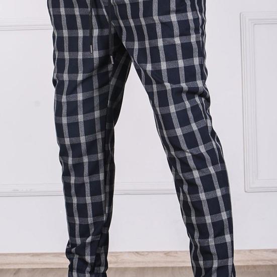 Men Pants Color Matching Plaid Print Drawstring Elastic Waist Ankle-banded Pockets Mid Waist Soft Casual Breathable Sports Jogging Trousers