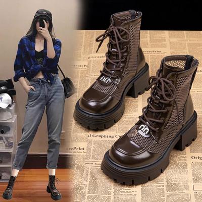 Мягкая кожа полые модные ботинки женские на толстой подошве новые летне-осенние полые дышащие сетчатые ботинки женские ботинки на платформе женские
