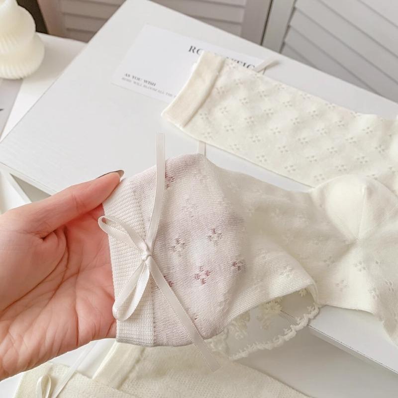 Summer Thin Hollow Mid-tube Socks with Side Bow Ribbon Ballet Style Cream Lolita JK Mesh Socks