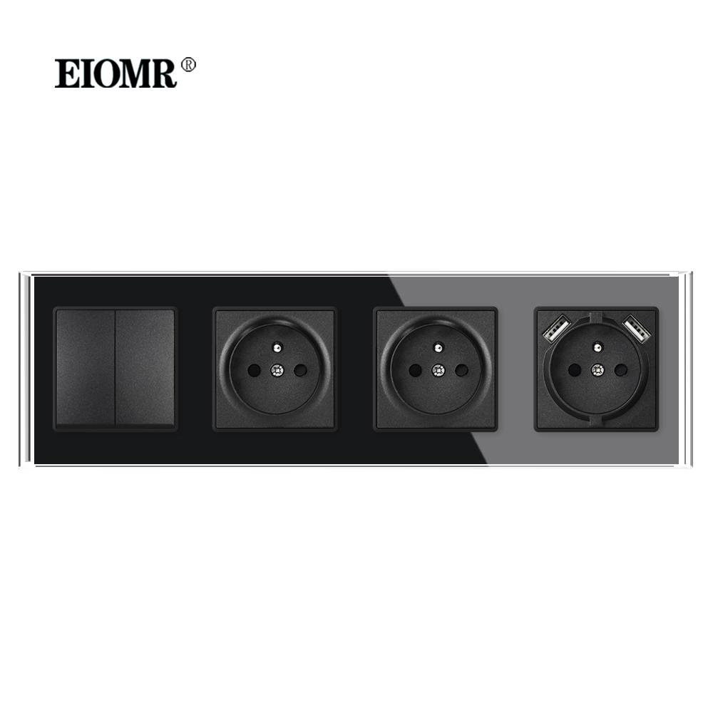 EIOMR Французский Стандарт USB Настенная Розетка Черная Панель из Кристаллического Стекла 16A 110-250V с Железной Лапкой Многофункциональная Электрическая Розетка и Выключателем