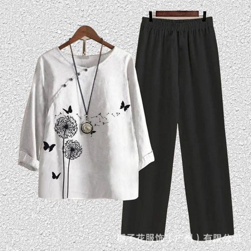 1116 new women's clothing, casual round neck five-quarter sleeve top, digital printing women's two-piece suit