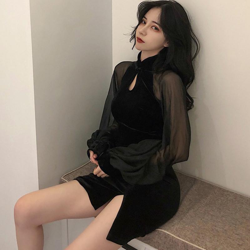 WTEMPO Черные платья Сексуальное мини-платье с боковым разрезом и рукавами-фонариками Облегающее платье с длинными рукавами Платье Y2k Уличная одежда Летнее платье