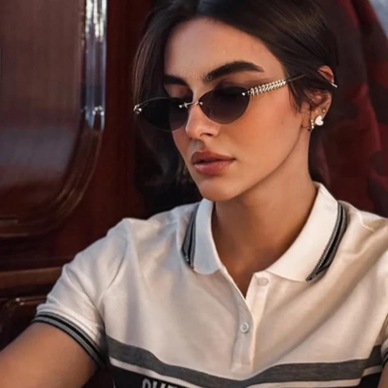 Новые женские солнцезащитные очки «кошачий глаз» без оправы, роскошные, модные, брендовые, овальные, узкие, солнцезащитные очки, оттенки, трендовые, элегантные, уникальные очки