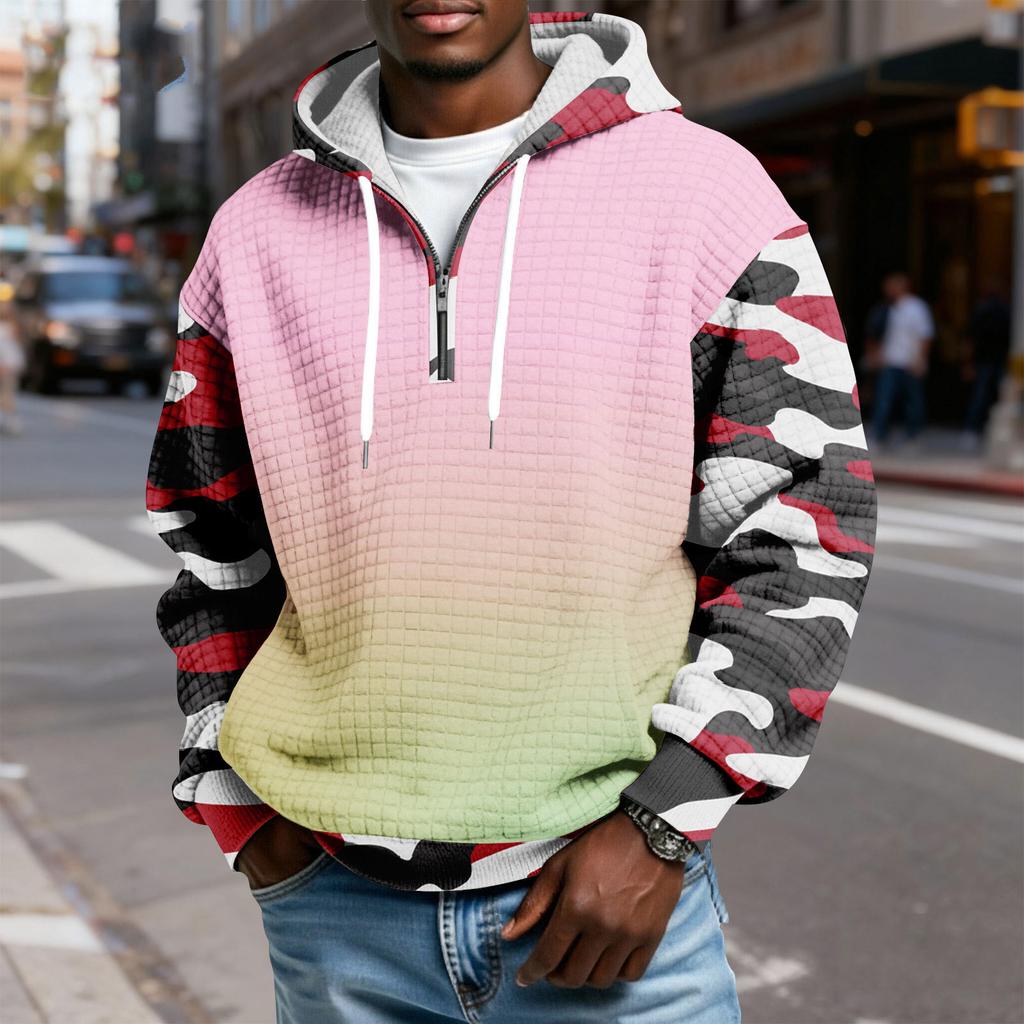 Мужской худи-пуловер в клетку с капюшоном на молнии до середины, со шнурком и принтом, повседневная спортивная толстовка