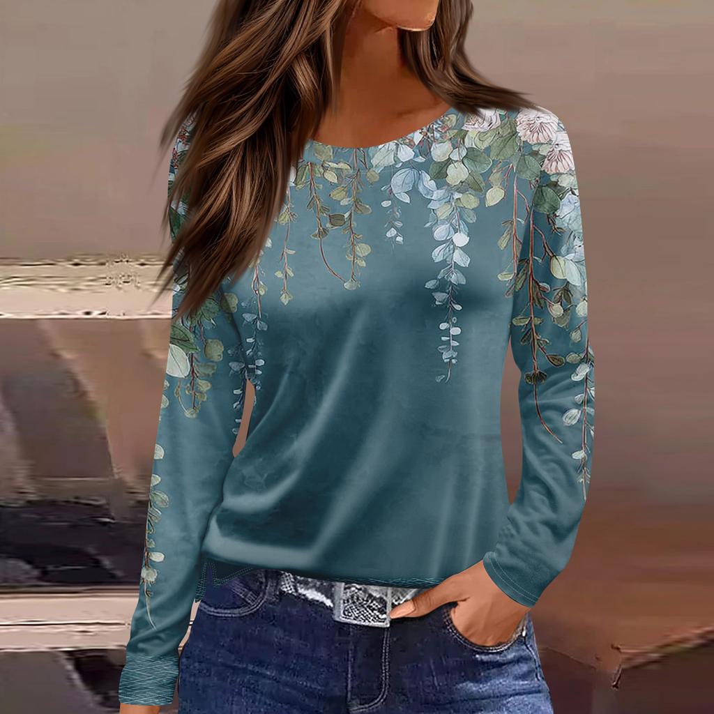 Women's Fashion Casual Slit Hem Round Neck Long Sleeve Loose  Printed T-Shirt Ladies Top