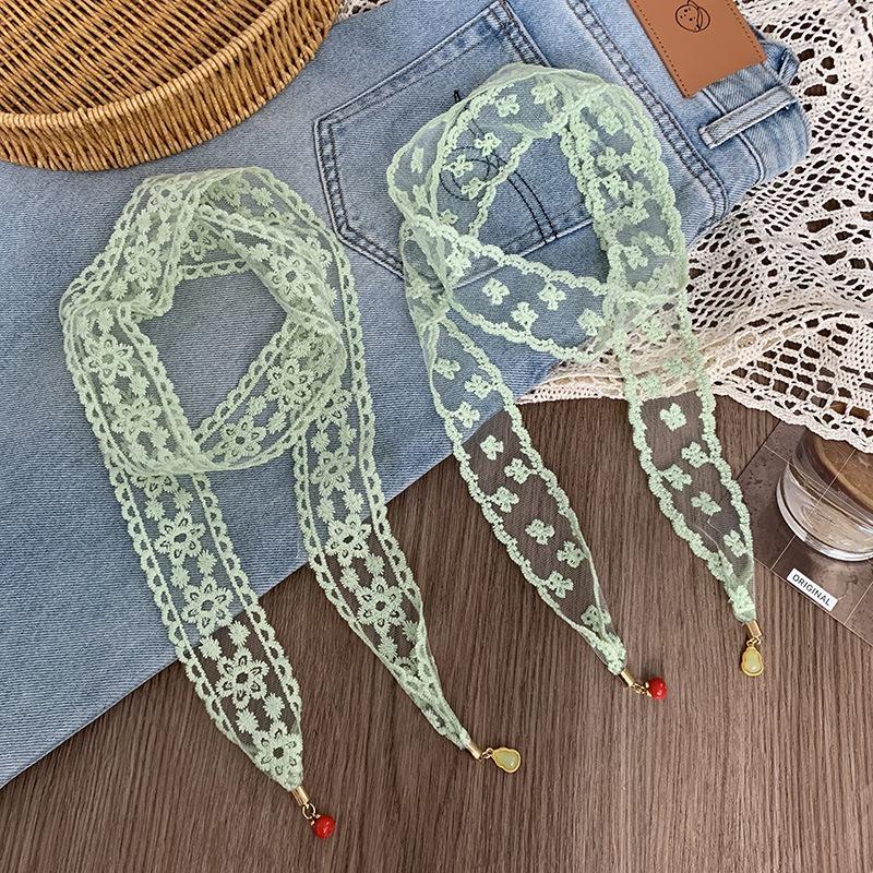 Lace Silk Scarf, Long Strip, High-end Bow, Small Pendant, Scarf, Headscarf, Headband, Decorative Scarf, Waist Belt Can Be Tied.