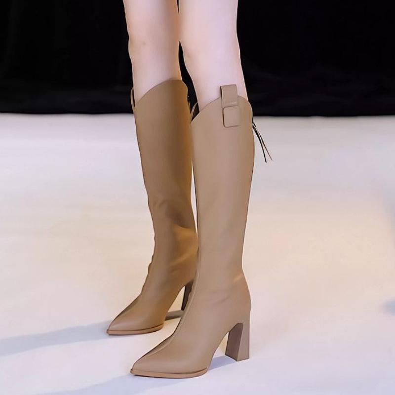Женские кожаные сапоги до колена с острым носком, элегантные сапоги на каблуке для осени и зимы, готический шик, трендовые сапоги