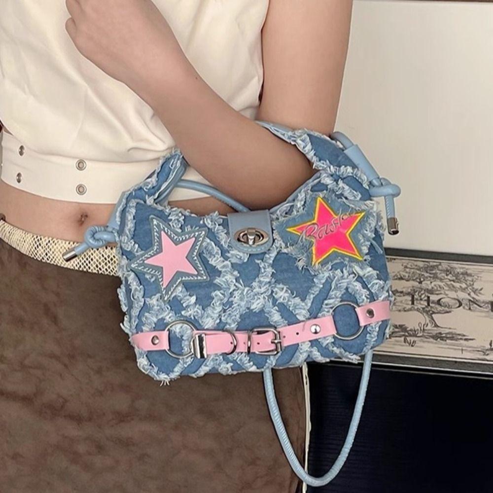 Spice Girl Denim Handbag Harajuku Underarm Shoulder Bag Casual Pink Star Crossbody Bag Girls