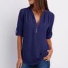 Shirt V-neck Zipper Plus Size Women's Long Sleeved Loose Chiffon Shirt with Adjustable Sleeves