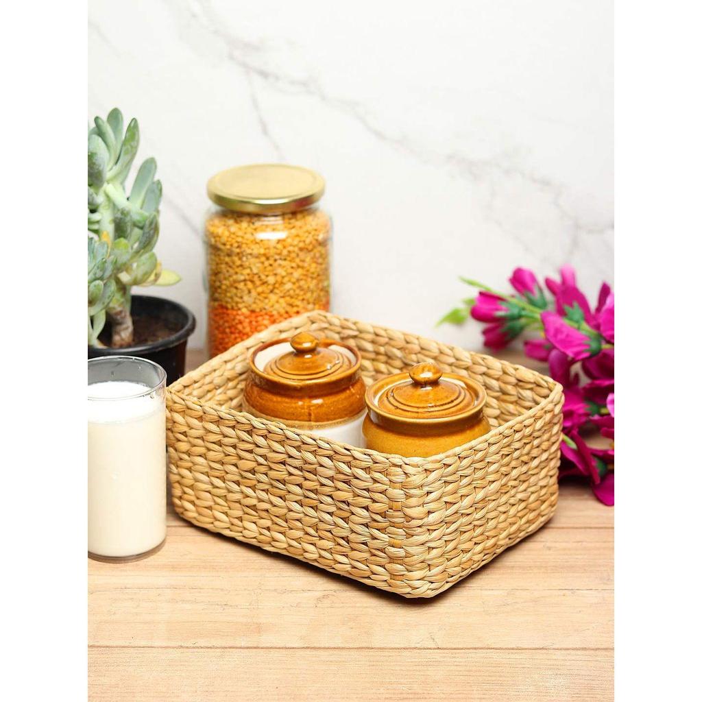 Rectangular Storage Baskets|Cane Or Bamboo Basket|Tray Online As Gift Hamper Basket|Wardrobe Basket(Small,Beige)