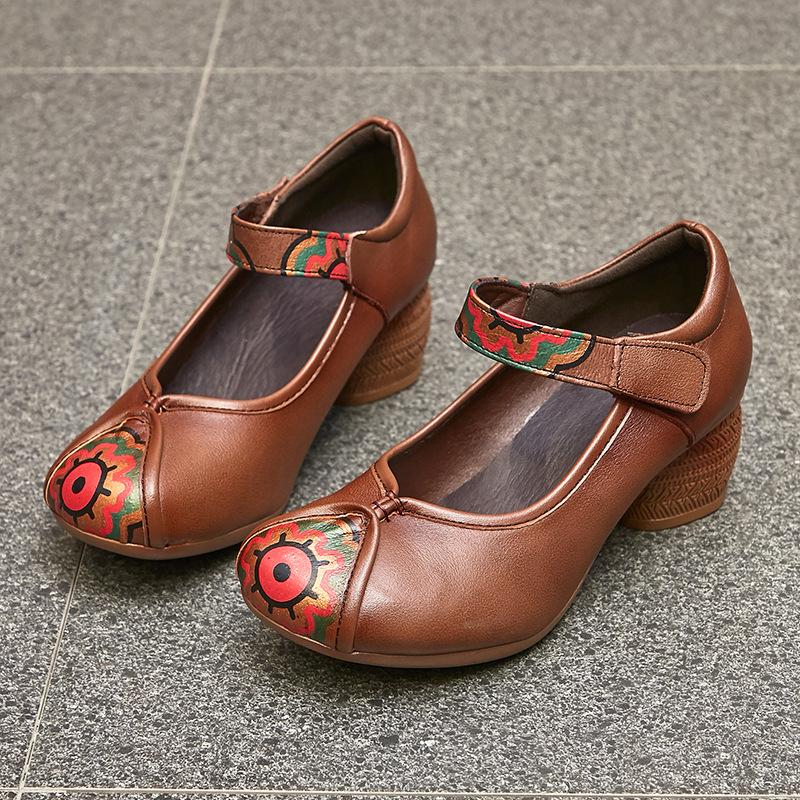 Shoes Women's Shoes Cowhide Chunky Heel Soft Bottom Non-slip Leather Shoes Ethnic Single Shoes
