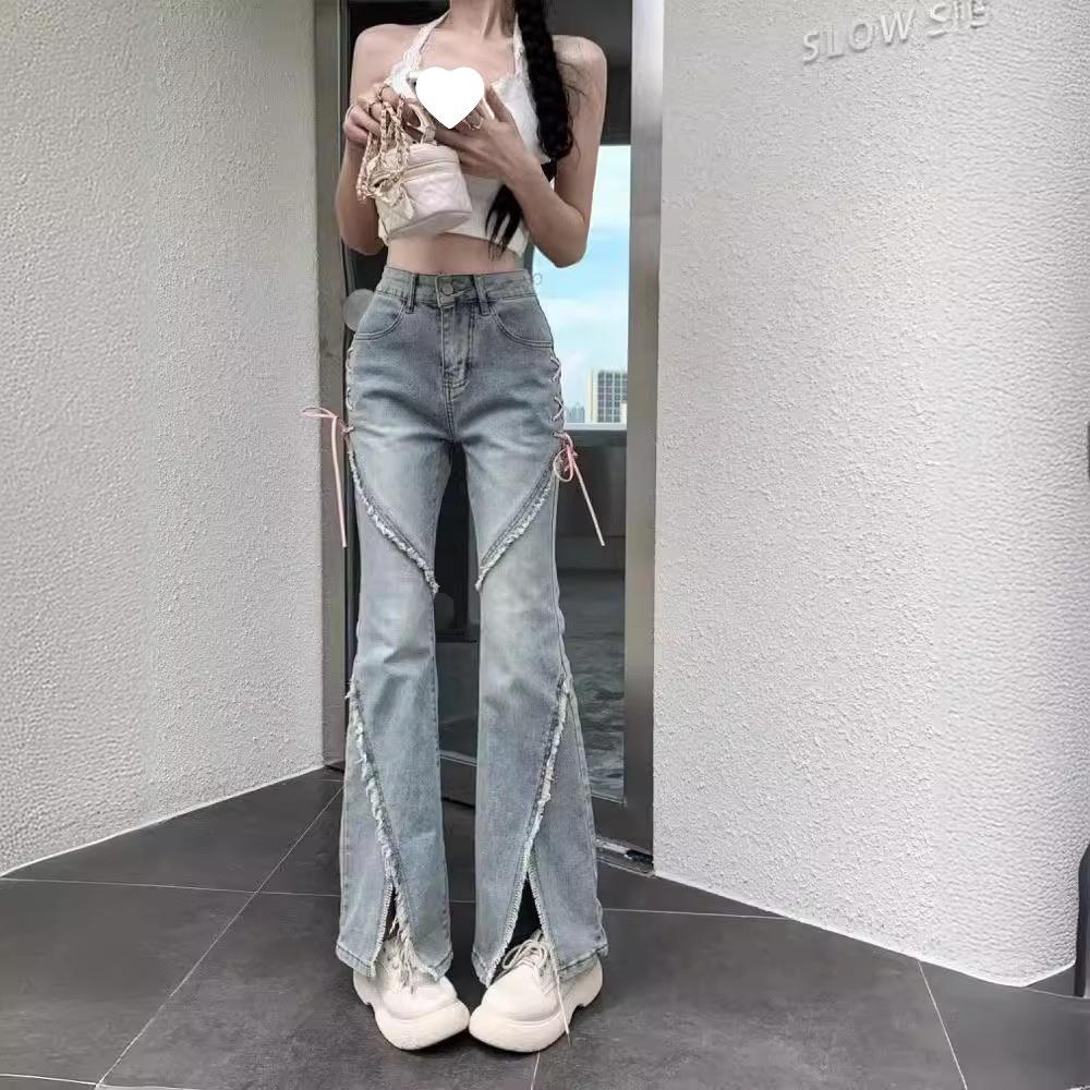 2023 Женские ретро джинсы для горячих девушек с неровным разрезом и микро-клешем для весны/лета