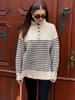 Women's Semi High Neck Long Sleeved Striped Single Breasted Knitted Sweater