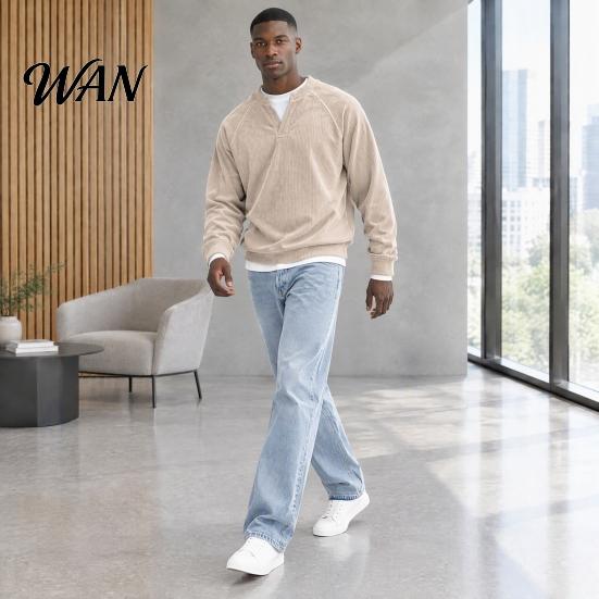 Soft Textured Buttonless Tops Men Corduroy Layered Tops, V Neck Raglan Long Sleeve Pullover Loose Fit Basic Fake Two Pieces for Daily Wear Breathable