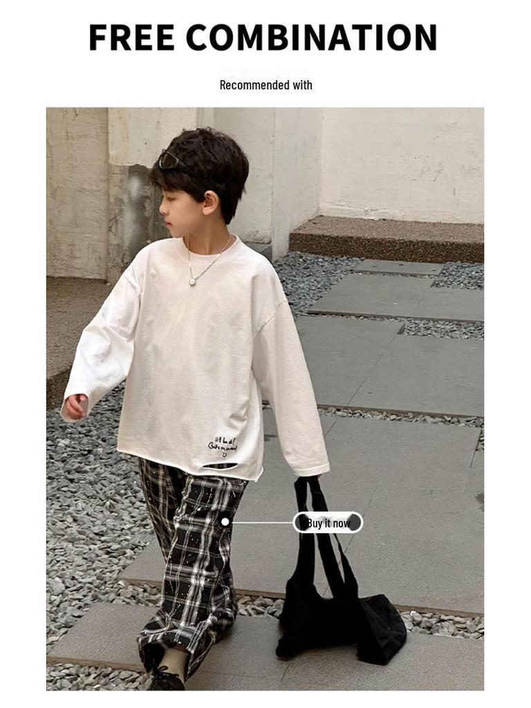 Корейская весенняя коллекция 2025 года: Свободная футболка с длинными рукавами и вырезами для мальчиков
