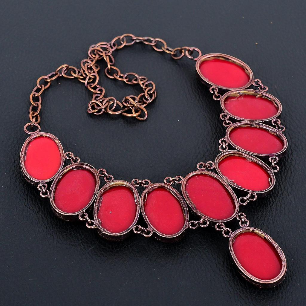Red Coral Handmade Gemstone Necklace, Copper Electroformed Necklace Unique Design Jewelry, Adjustable Chain Necklace