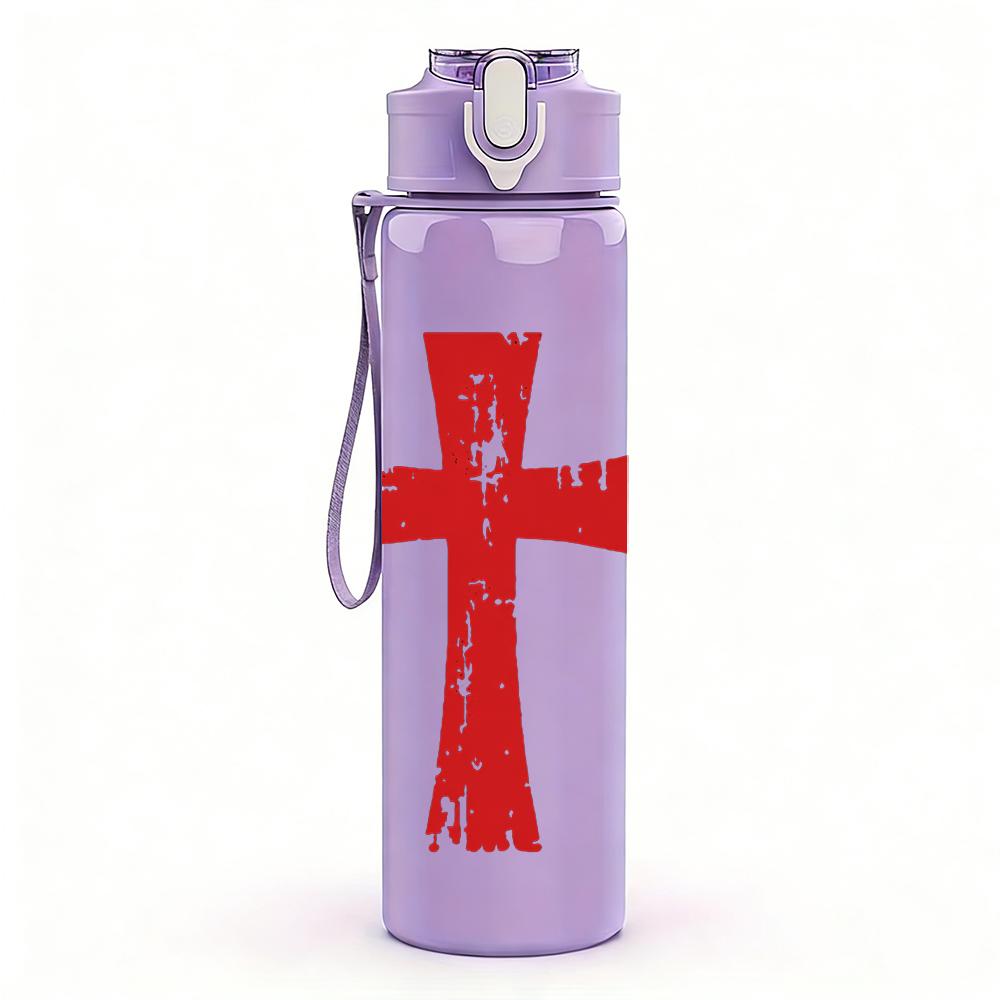 1PC Red Wooden Cross Minimalist Vintage Print 750ml Portable Sports Water Bottle Leakproof Gym Outdoor Travel Drink Cup