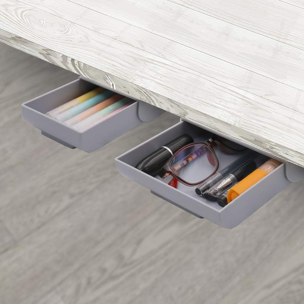 YOOUSOO 2 Pack Under Desk Storage Drawer Organizer, Hidden Slide Out Drawer Attachment, with Self - Adhesive Feature for Desktop and Table