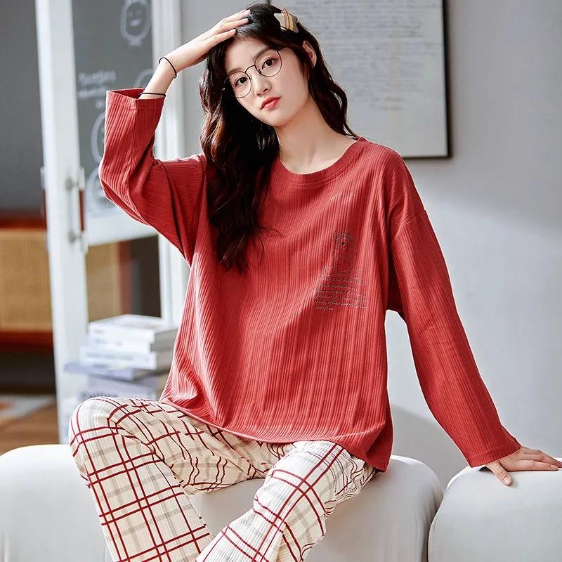 Женские пижамные комплекты с длинными рукавами, хлопковая одежда для сна, весенне-осенний пуловер, ночная рубашка больших размеров, зимняя повседневная простая домашняя одежда, милый пижамный костюм с героями мультфильмов