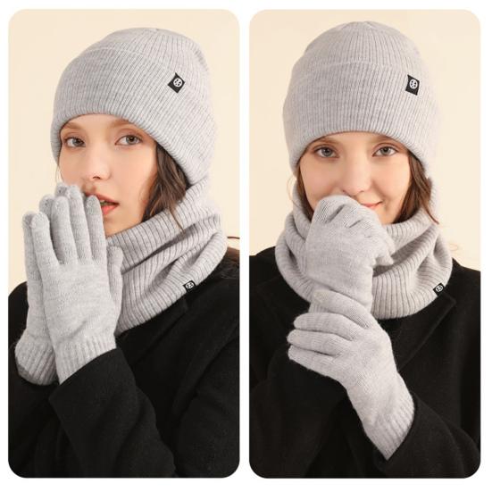 Yousheng 3 Pcs/Set Unisex Winter Beanie Scarf Gloves Set Thick Plush Knitted Warm Cap Gloves Elastic Ear Protection Windproof Winter Outdoor Cycling