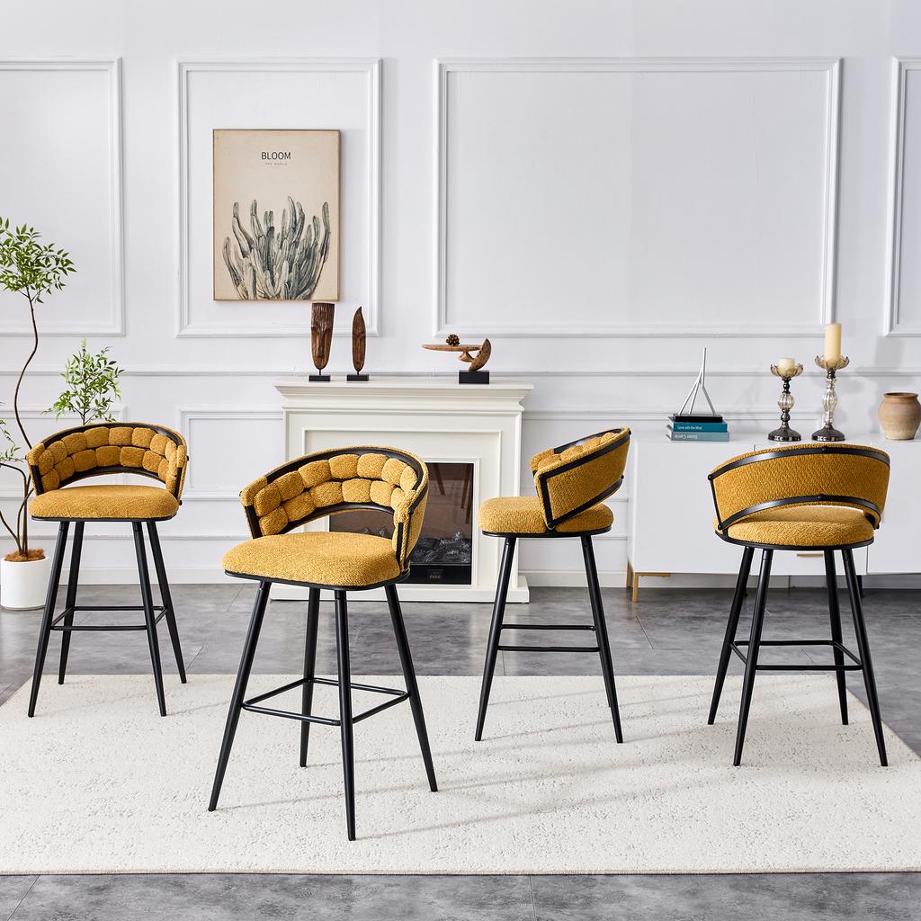 Set of 2 Yellow Velvet Curtain Chairs with Black Iron Legs, Modern Bar Stools for the Home Bar Area