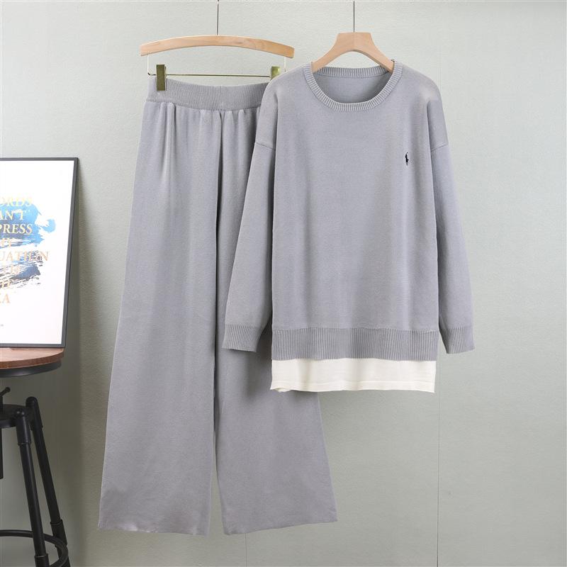 Осенний женский повседневный комплект больших размеров, свободный свитер с круглым вырезом и широкими брюками