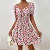 Women's Fashion Summer Spring Flower Pattern Print Short Sleeve V-Neck High Waist Casual Dresses