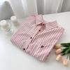 Women's Pink Pinstripe Embroidered Polo Collar Long Sleeve Shirt - Korean Spring Design