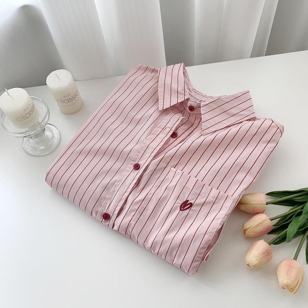 Women's Pink Pinstripe Embroidered Polo Collar Long Sleeve Shirt - Korean Spring Design