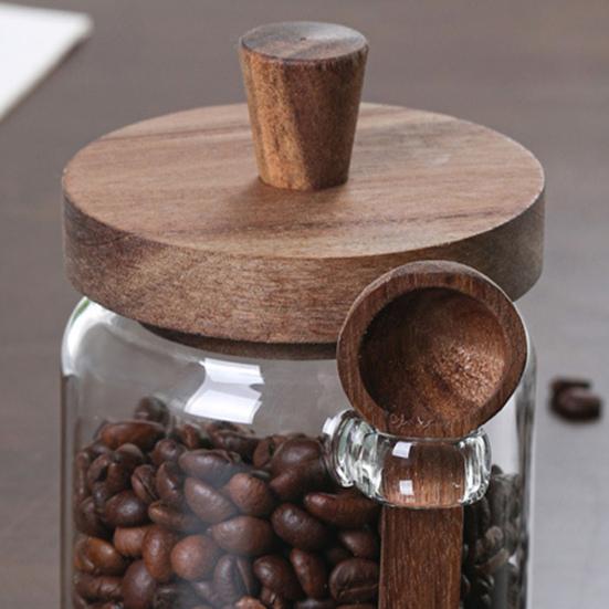 Glass Airtight Canister Sealed Jar with Wooden Spoon Transparent Food Storage Jar for Spice Coffee Beans Kitchen Pantry Supplies