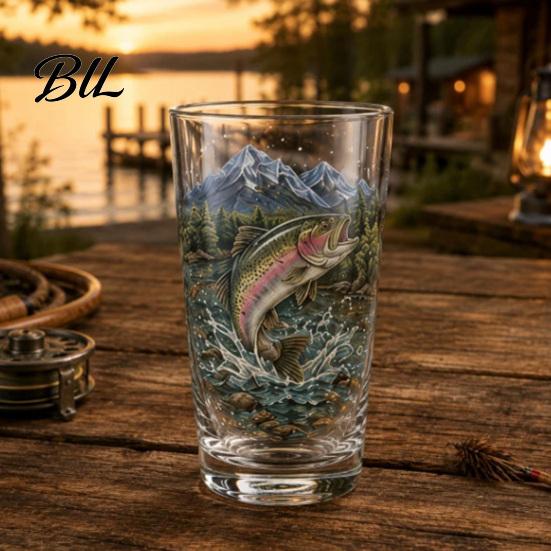 Outdoor Camping Drinkware Fishing Pint Glass Cup, Realistic Jumping Fish Pattern Design, Thickened Enthusiast Gifts Creative Cup for And Cabin