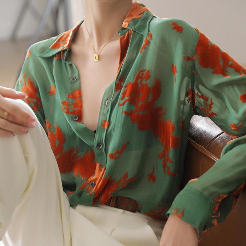 Зеленая прозрачная рубашка женская дизайнерская рубашка из жаккардового шифона Sense Niche Ice Silk солнцезащитный топ Cool Summer Thin Version