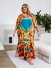 EDOLYNSA Plus Size Loose Kaftan Dresses For Women 2024 Boho Printed Vacation Beach Coverup Summer House Dress Cozy V Neck Short Sleeve Loungewear