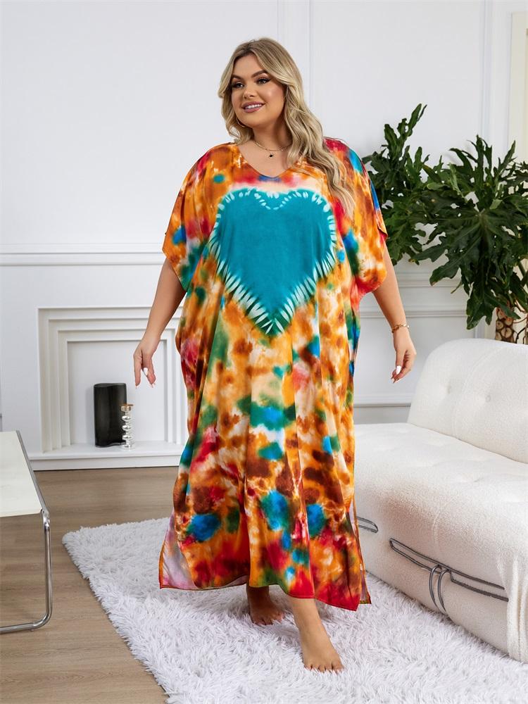 EDOLYNSA Plus Size Loose Kaftan Dresses For Women 2024 Boho Printed Vacation Beach Coverup Summer House Dress Cozy V Neck Short Sleeve Loungewear